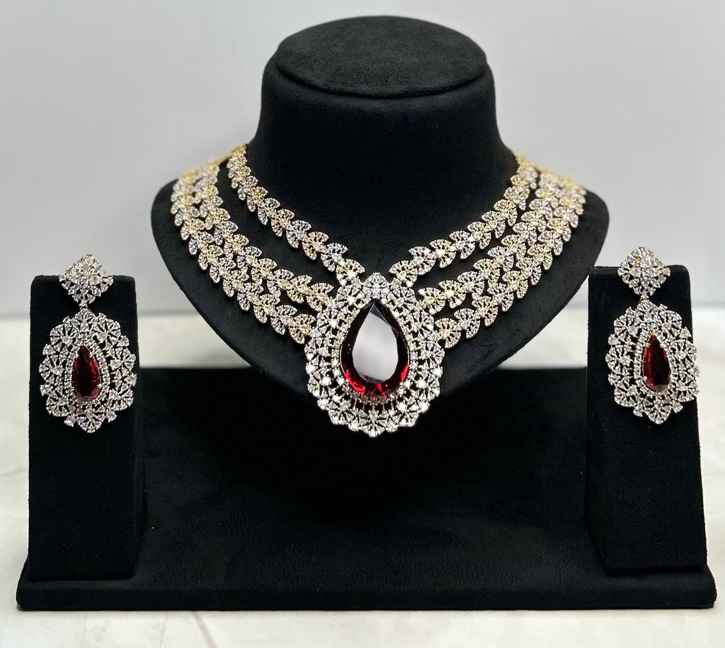 Ruby Red & Silver AD Stone Necklace Set