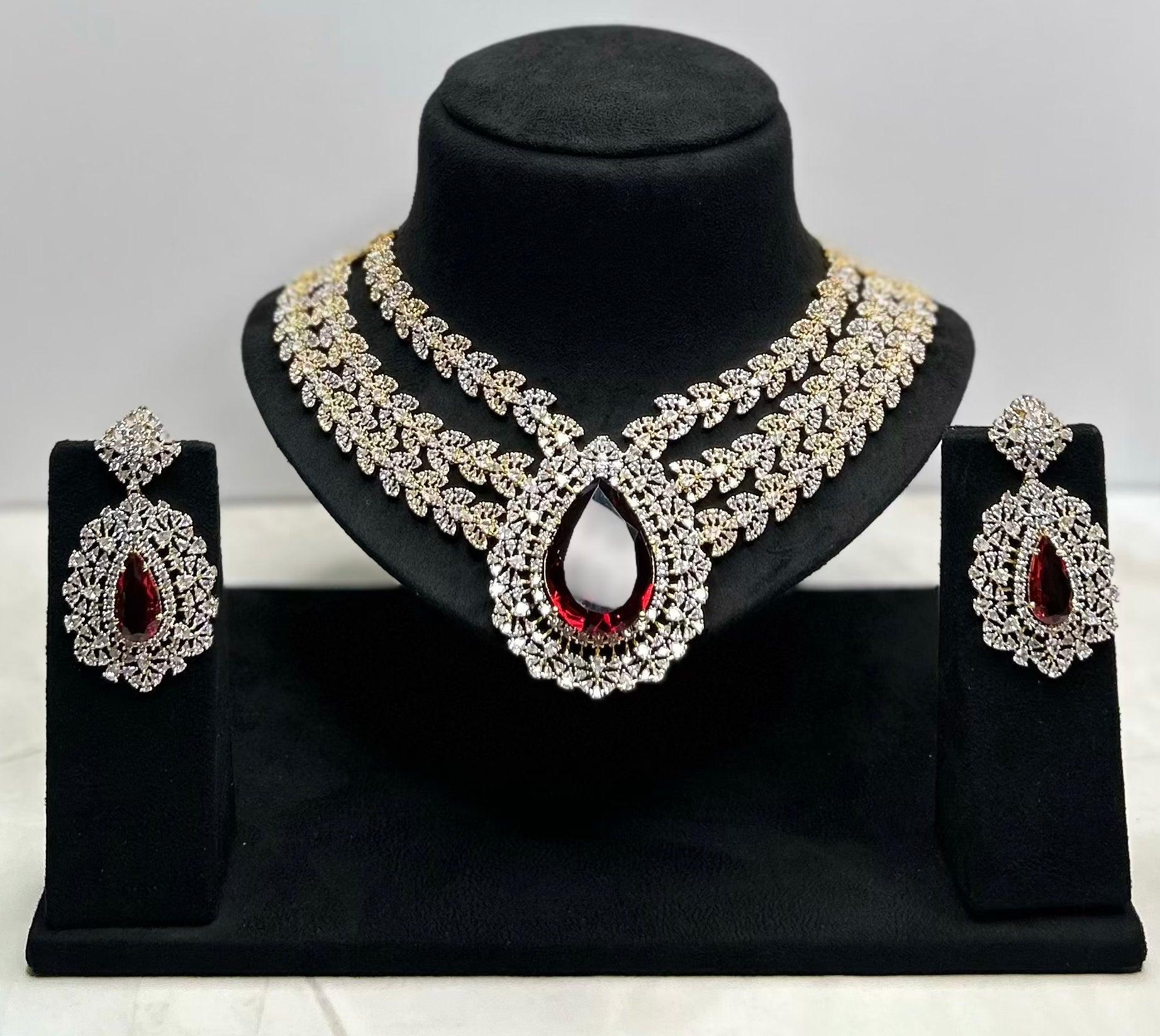 Ruby Red & Silver AD Stone Necklace Set
