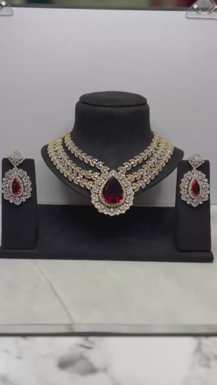 Ruby Red & Silver AD Stone Necklace Set
